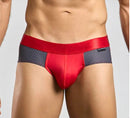 Male Basics Spot Brief Gray Large in red with gray mesh panels and a wide waistband for comfort and style.