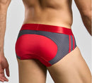 Male Basics Spot Brief Gray Large shown from the back with a stylish red and gray design featuring breathable mesh.