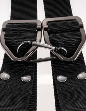 Close-up of Command Bondage Door Cuffs featuring industrial-strength nylon straps and metal attachments.