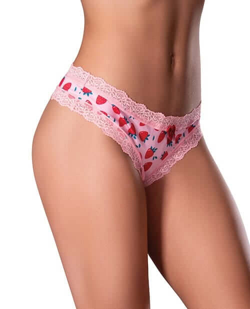 Crotchless thong S/M with strawberry print and lace trim from Sweet Treats Collection by Magic Silk