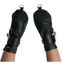 Strict Leather Bondage Mittens shown on hands, designed for restraint play and keeping hands secure.