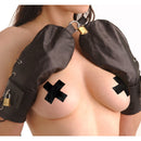 Strict Leather Bondage Mittens on a model, showcasing their design for restraint play.