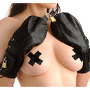 Strict Leather Bondage Mittens on a model showcasing restraint play with a focus on surrender and control.