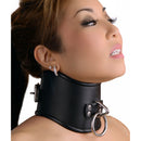 Strict Leather Locking Posture Collar Small Black worn by a model, showcasing its tall, curved design and elegant restraint.