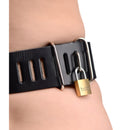 Strict Leather Female Chastity Belt features a sleek black design with a golden padlock accent.