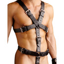 Strict Leather Body Harness Small Medium Black worn by a male model highlighting its leather craftsmanship and adjustable fit.
