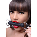 Close-up of a model with the Strict Leather Silicone Bit Gag in her mouth, showcasing its design and style.