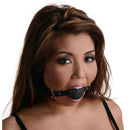 Strict Leather Black Silicone Ball Gag With Leather Strap on a model, showcasing its design and comfort for restraint play.
