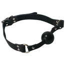 Strict Leather Black Silicone Ball Gag With Leather Strap on display, featuring a smooth black silicone ball and leather strap.
