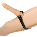 Strict Leather Thigh or Boot Strap On Dildo Harness Black featuring a dildo secured to an arm with a strap.