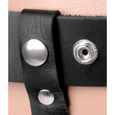 Close-up view of Strict Leather Premium Leather Strap-On Harness Black showing metal studs and fastening details.