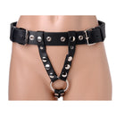 Strict Leather Premium Leather Strap-On Harness Black on a mannequin, showcasing a minimalist design with studded details.