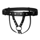 Strict Leather Double Penetration Dildo Harness for Men, featuring a black leather strap design with metal accents.