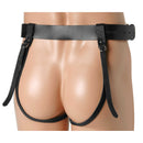 Strict Leather Double Penetration Dildo Harness for Men showcased on a mannequin, highlighting the adjustable straps and design.