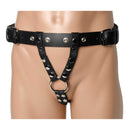 Strict Leather Double Penetration Dildo Harness for Men displayed on a mannequin, showcasing its durable leather design.