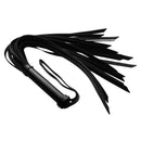 Strict Leather 24 Inch Black Leather Flogger featuring angle-cut tails and a leather-wrapped handle.