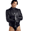 Strict Leather Premium Straightjacket Large Black on a model, showcasing full-body restraint and secure design.