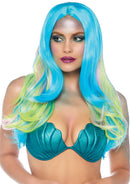 Leg Avenue Mystic Hue Long Wig Green worn by a model in vibrant blue and green costume, perfect for themed parties.