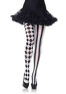 Leg Avenue Harlequin Pantyhose Black and White on display, featuring checkered and striped patterns for a playful look.