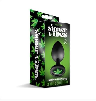 Medium Stoner Vibes anal plug with cannabis leaf charm and smooth silicone design in packaging from the Chronic Collection.