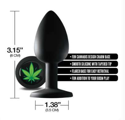 Medium silicone anal plug with cannabis charm, 3.15" length, 1.38" width, smooth, body-safe design, tapered tip, flared base.