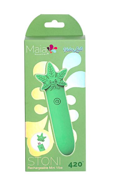 STONI Silicone Mini Vibe in green packaging featuring compact design and USB charging for travel-friendly use.