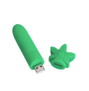 Green STONI Silicone Mini Vibe with USB connector and decorative cap, compact design for travel-friendly discreet pleasure.