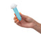 Hand holding Stormee Silicone Mini Vibe in blue, compact and USB rechargeable with 10 vibration functions, splash-proof design.