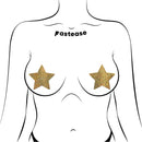 Gold glitter star pasties on illustrated figure, featuring Pastease logo, showcasing stylish and skin-safe nipple covers for festivals or parties.