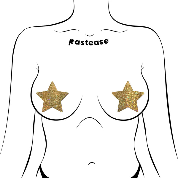 Gold glitter star pasties on illustrated figure, featuring Pastease logo, showcasing stylish and skin-safe nipple covers for festivals or parties.