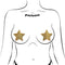 Gold glitter star pasties on illustrated figure, featuring Pastease logo, showcasing stylish and skin-safe nipple covers for festivals or parties.