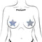 Woman wearing Pastease Rockstar Silver Pasties, star-shaped and glittery, latex-free and waterproof for a playful touch to outfits.