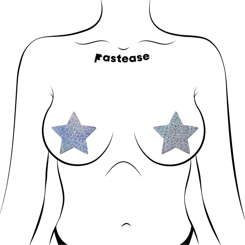 Woman wearing Pastease Rockstar Silver Pasties, star-shaped and glittery, latex-free and waterproof for a playful touch to outfits.