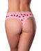 Back view of a model wearing a strawberry print crotchless thong with lace trim from the Sweet Treats Collection by Magic Silk.