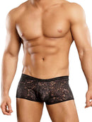 Male Power Mini Shorts Stretch Lace Black Medium showcased on a male model, highlighting the stretch lace design and fit.