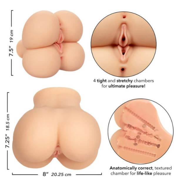 Life-sized 4-hole realistic masturbator with PureSkin™ material and textured chambers for ultimate pleasure, dimensions visible.