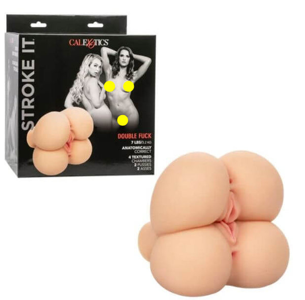 Life-sized 4-hole realistic masturbator with packaging featuring PureSkin™ material for ultimate pleasure experience.