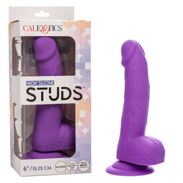 Purple Neon Silicone Studs 6 Inch from CalExotics with packaging - vibrant, realistic pleasure toy.