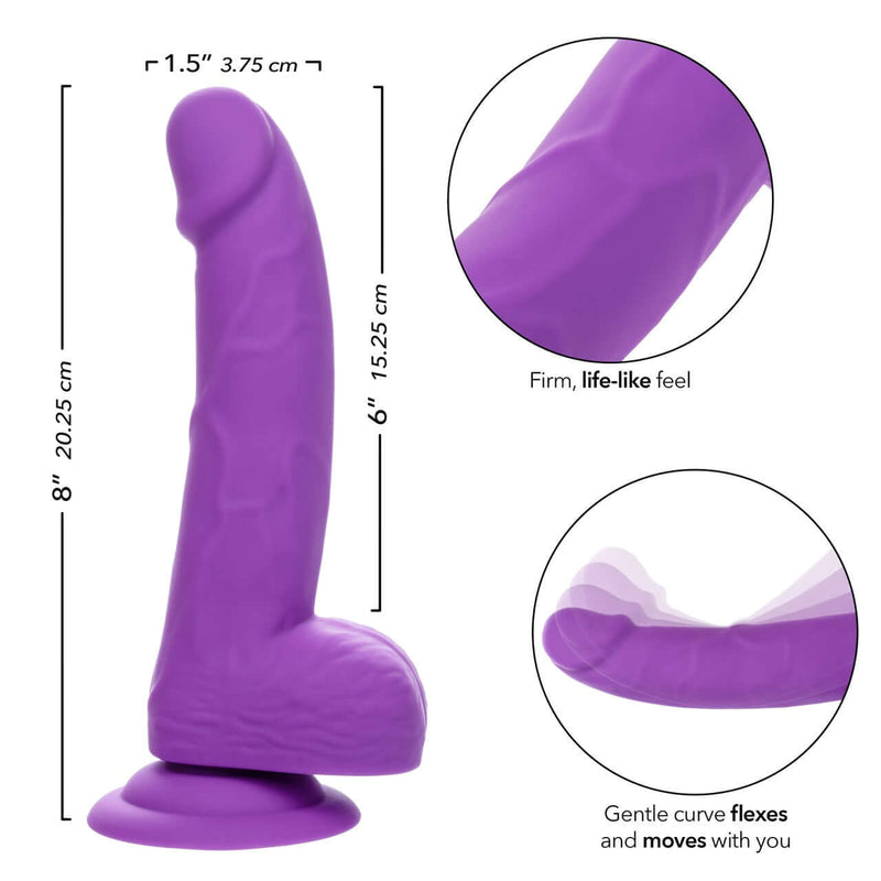 Purple Neon Silicone Studs 6 Inch with firm, lifelike texture and flexible curve, showcasing product dimensions and features from CalExotics