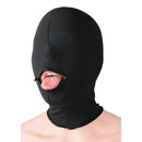 Strict Leather Zippered Eyeless Bondage Hood Black worn by a person with their tongue out through the zipper opening.