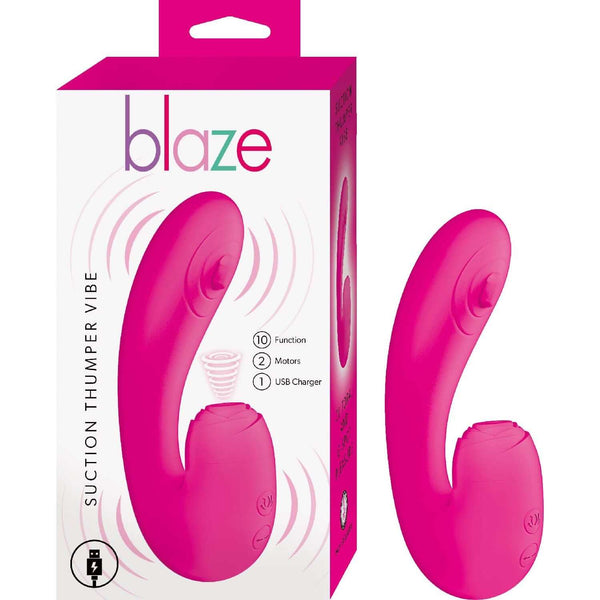 Blaze Suction Thumper Vibe Pink - Dual Stimulator with 10 Vibrating Functions and Suction & Thumper Pad in packaging and product display