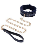 Luxurious cougar fur collar with royal blue faux fur lining and gold-plated leash, ideal for stylish BDSM play.