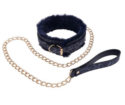 Plush royal blue faux fur collar with gold-plated leash, luxury BDSM accessory for style and control.