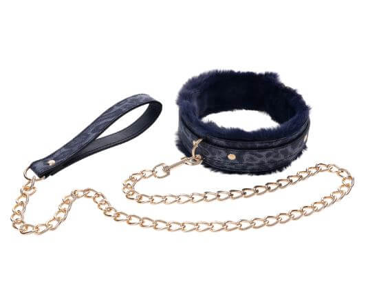 Royal blue faux fur collar with gold-plated leash and hardware for BDSM, showcasing luxury and elegance in style.