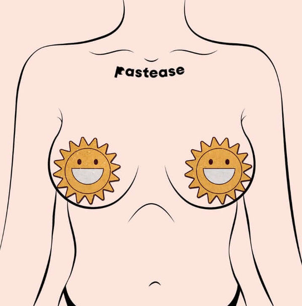 Person wearing Pastease Happy Sun Pasties with sparkling smiling sunshine design
