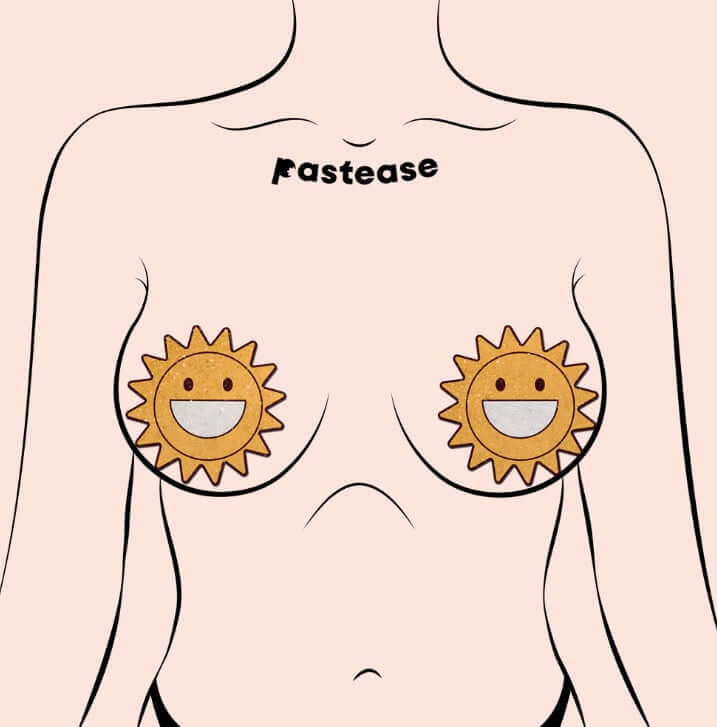 Person wearing Pastease Happy Sun Pasties with sparkling smiling sunshine design