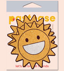 Happy Sun Pasties - Sparkling Sunshine Nipple Covers by Pastease in packaging with smiling sun design