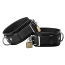 Strict Leather Deluxe Locking Ankle Cuffs in black leather with secure padlocks and durable metal hardware.