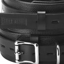 Close-up of Strict Leather Deluxe Locking Thigh Cuffs showcasing black leather and sturdy buckle design.