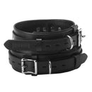 Strict Leather Deluxe Locking Thigh Cuffs in black leather for secure restraint and versatile bondage accessories.